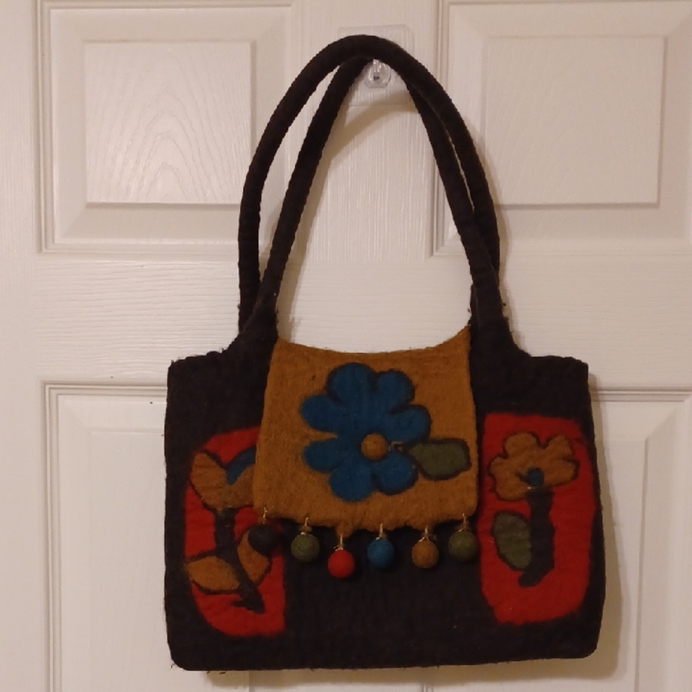Rising Tide, Boho Floral Wool Felt Handbag in Brown and Blue